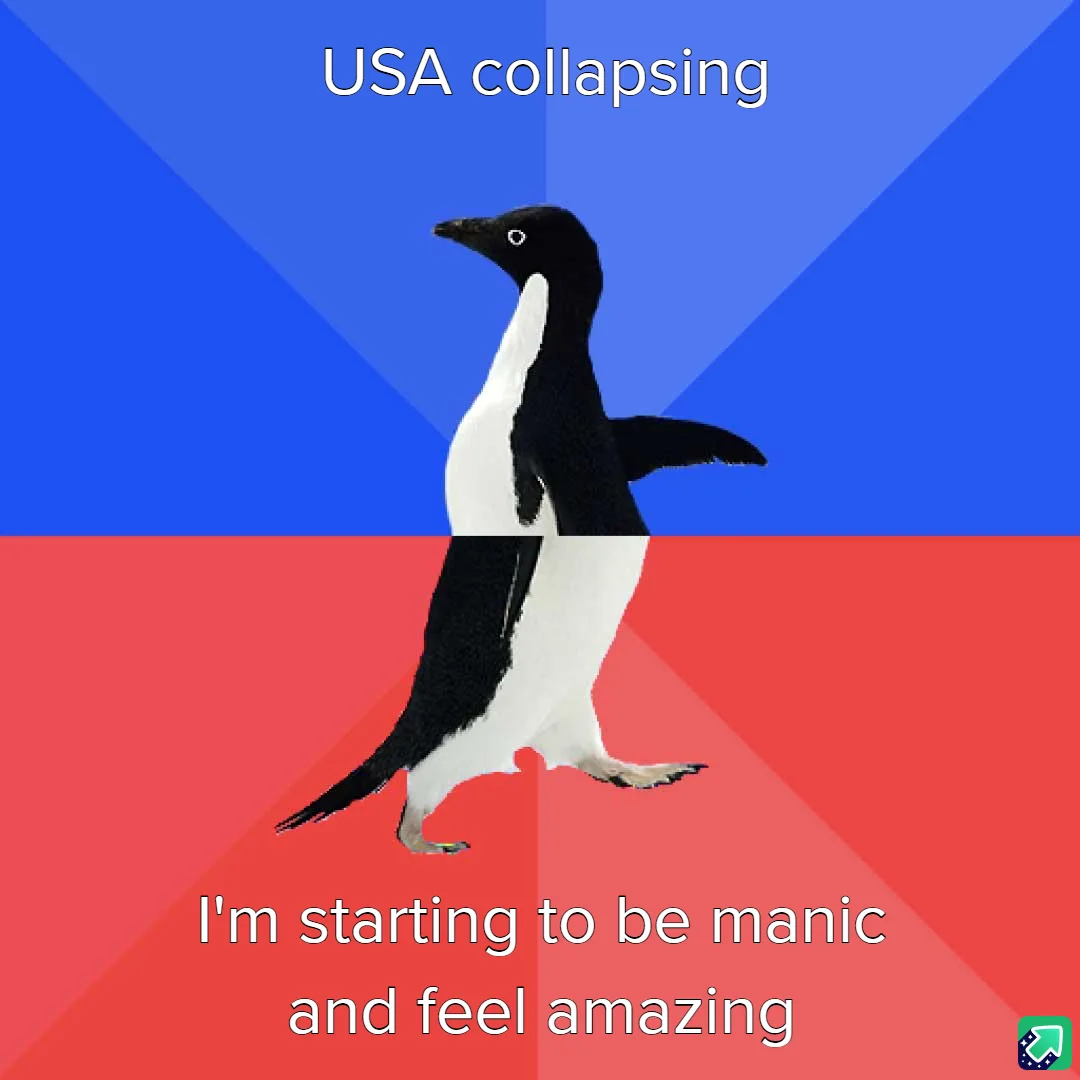 A black-and-white penguin stands centered against a split background of blue on top and red on bottom. White text at the top…
