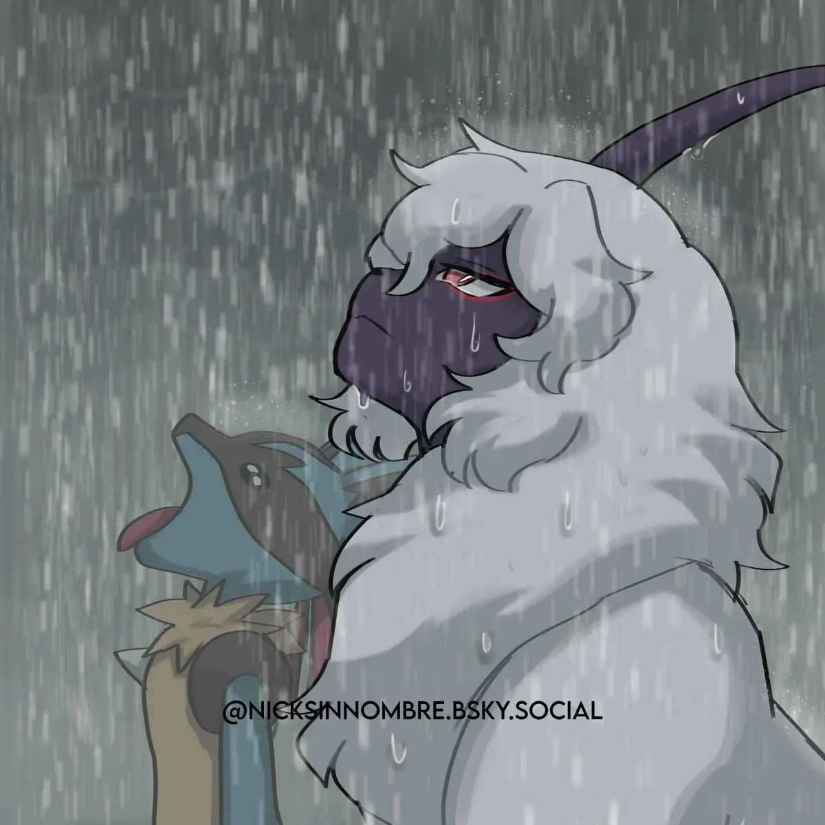 An anime-style illustration shows a large, white-furred, horned creature with a dark muzzle and red eyes looking sad and…