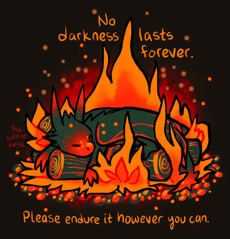 A cartoon dragon with glowing orange eyes and fiery wings is curled up asleep inside a roaring campfire, surrounded by…