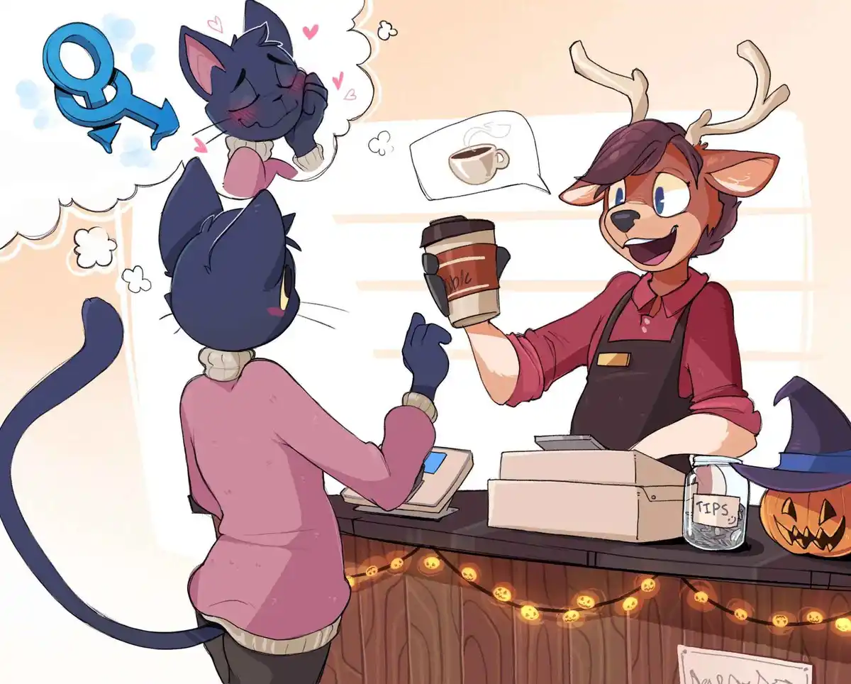 A dark blue cat in a pink sweater stands at a counter, facing a smiling deer barista holding a coffee cup. The cat has a…
