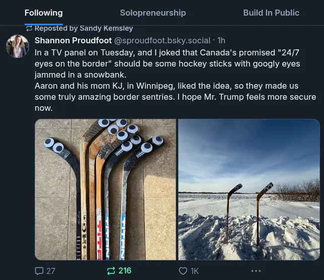 The image shows two photos: left, hockey sticks with googly eyes glued to their blades, laid on a tiled floor; right, two of…