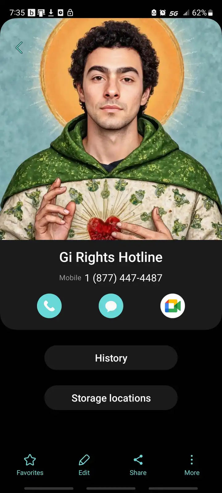 A phone contact screen shows a contact named 'Gi Rights Hotline' with the number 1 (877) 447-4487. The contact photo is a…
