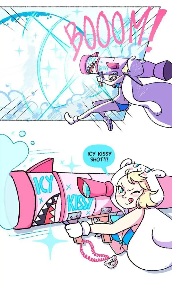 A two-panel comic strip featuring a blonde girl in a white bunny hoodie wielding a large pink cannon labeled 'ICY KISSY'. In…