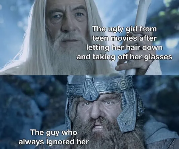 The image is split into two panels. The top panel shows a close-up of Gandalf the Grey from 'The Lord of the Rings' with a…