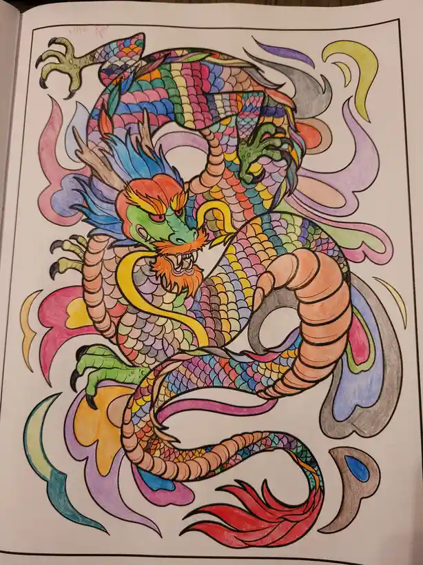 A vibrantly colored, intricately detailed dragon coloring page, featuring a green-headed dragon with orange beard and blue…