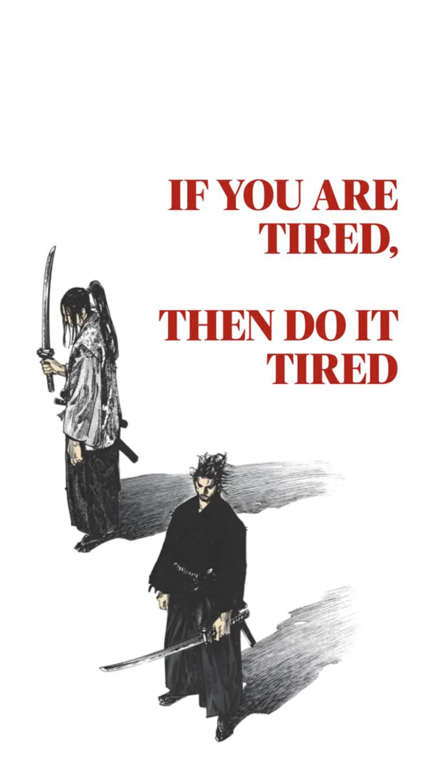 A black-and-white illustration shows two samurai warriors, one standing upright holding a sword and the other slumped…
