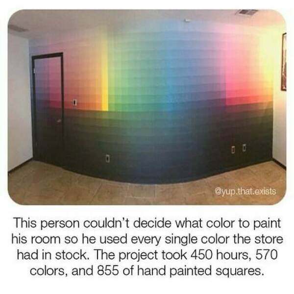 A room wall is painted with a gradient of many colors, transitioning from dark at the bottom to bright rainbow hues at the…