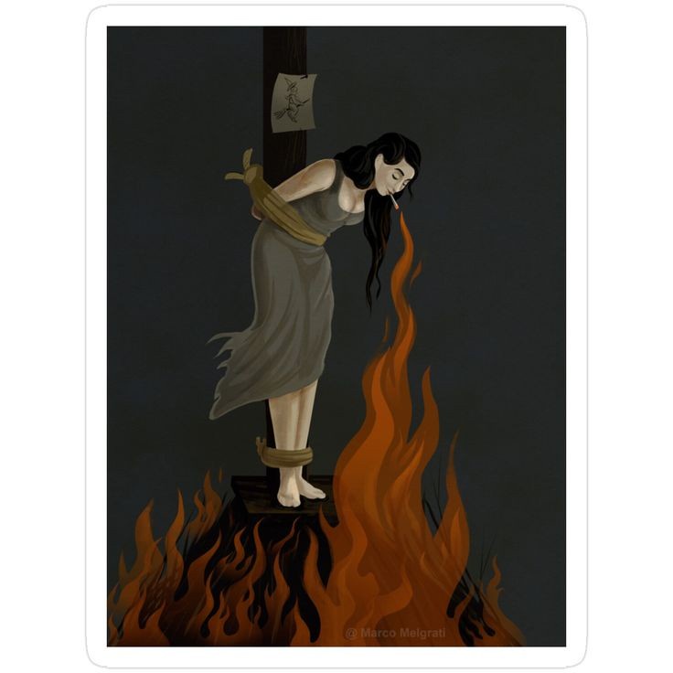 A woman is depicted bound to a wooden post, standing on a platform above flames, with a small sign above her head showing a…