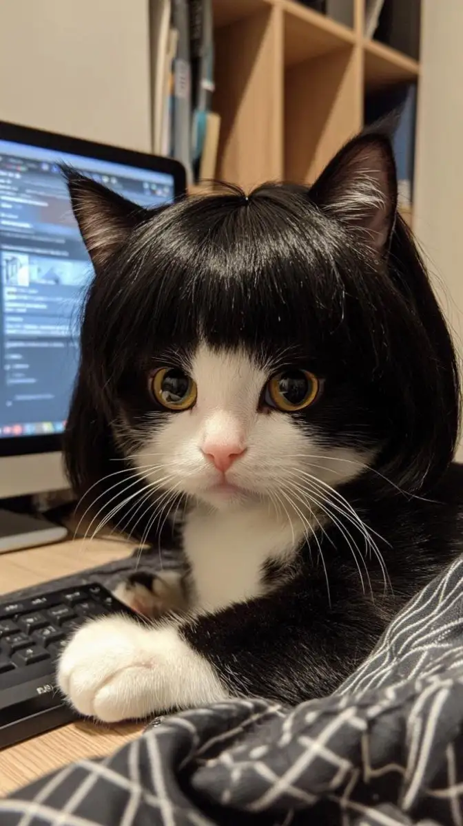 A black and white cat with a black wig sits at a desk in front of a computer monitor, one paw resting on a keyboard. The cat…