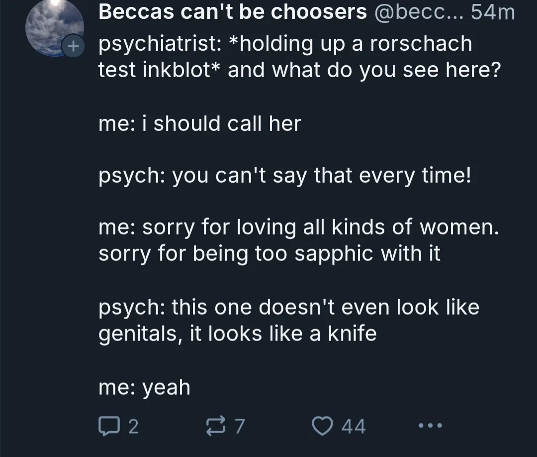 A screenshot of a Twitter/X thread where a user recounts a fictional therapy session. The psychiatrist asks what a Rorschach…