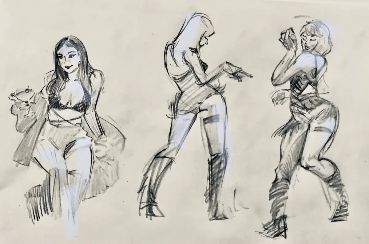 A sketch of three women in different poses: one seated holding a drink, one standing in a dynamic pose, and one dancing…