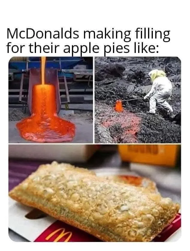 The image is a three-panel meme. The top left shows molten orange liquid pouring from a chute onto a concrete floor. The top…