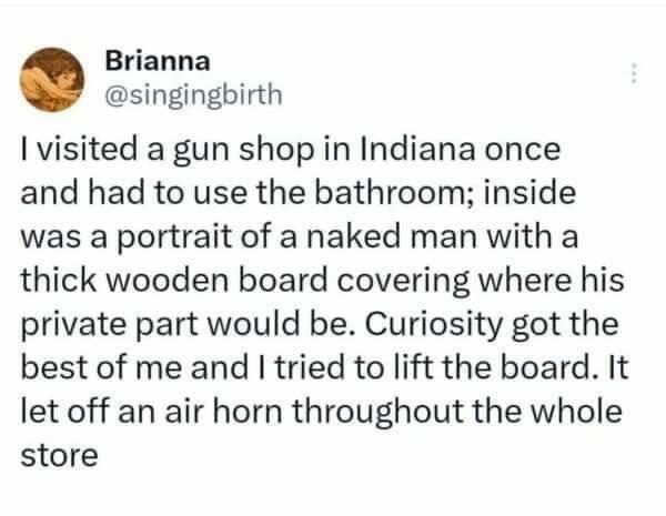 A screenshot of a tweet by Brianna @singingbirth describing her visit to a gun shop in Indiana where she tried to lift a…