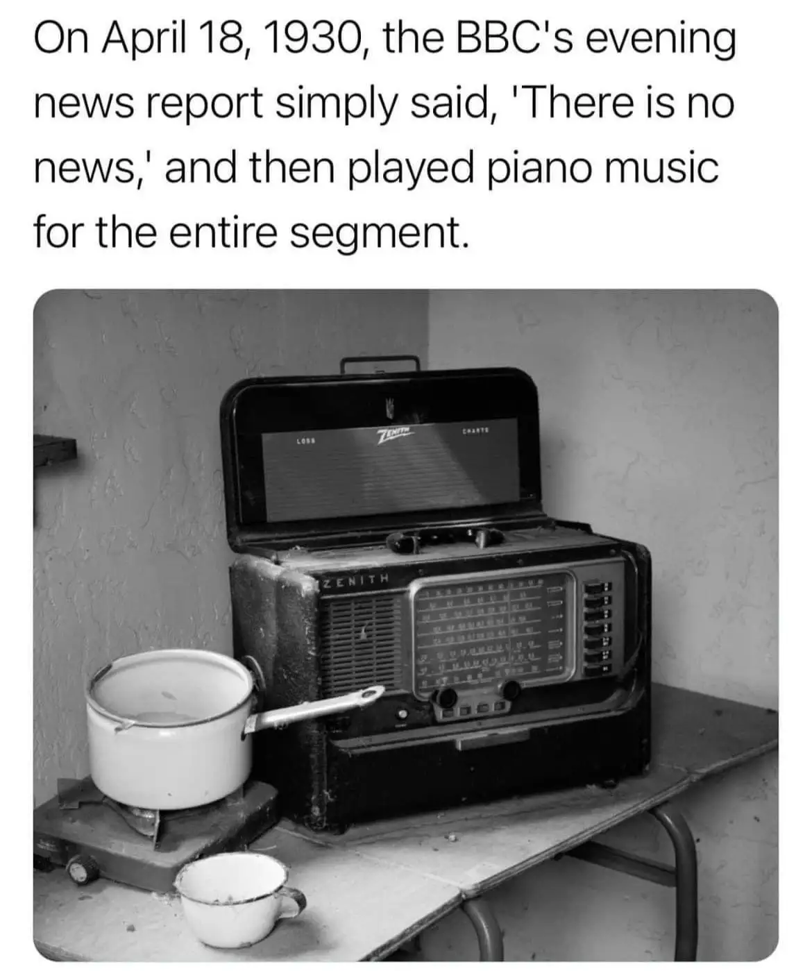 A black-and-white photo shows a vintage Zenith radio sitting on a wooden table next to a small portable stove with a pot and…
