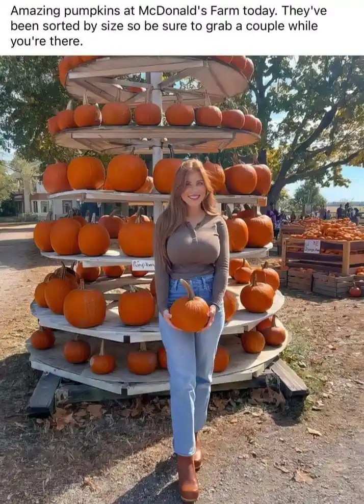 A woman with long blonde hair, wearing a brown long-sleeved shirt and blue jeans, stands smiling in front of a multi-tiered…