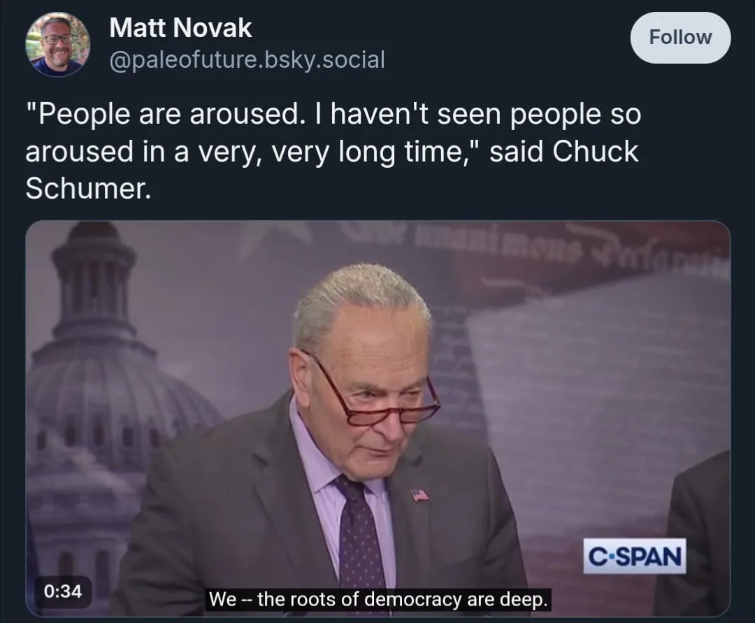 A screenshot of a C-SPAN video shows Chuck Schumer looking down while speaking, with the overlaid text quoting him as saying…