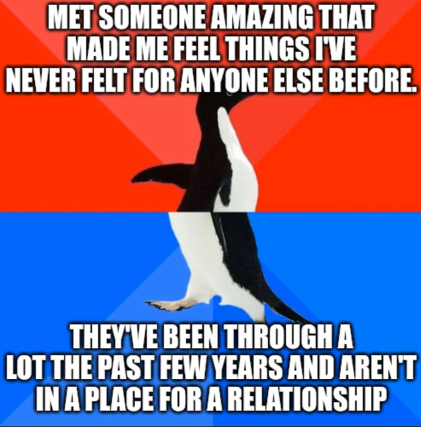 A penguin stands centered against a red and blue background, with bold white text overlaid in two sections. The top text…