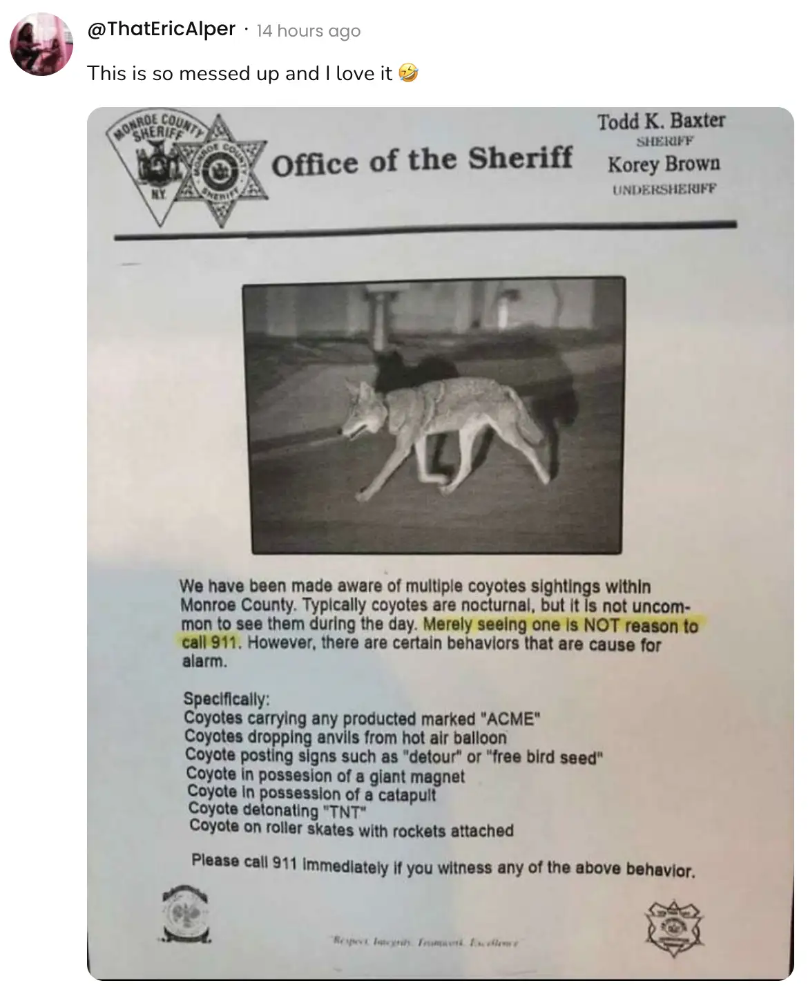 A black-and-white photo of a coyote walking is overlaid with a fake official notice from the Monroe County Sheriff's Office…