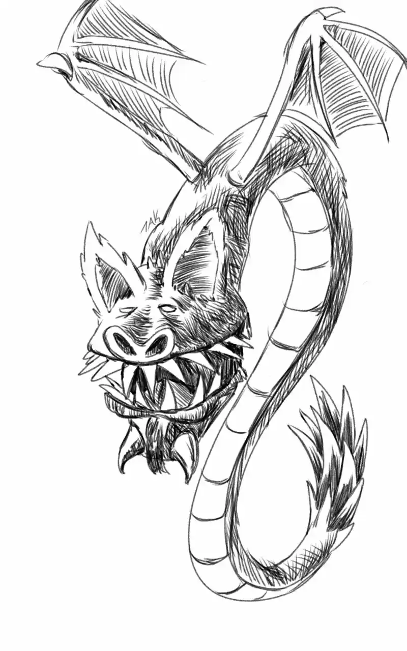 A black-and-white sketch of a stylized dragon with bat-like wings, a long segmented body, and a snarling face with sharp…