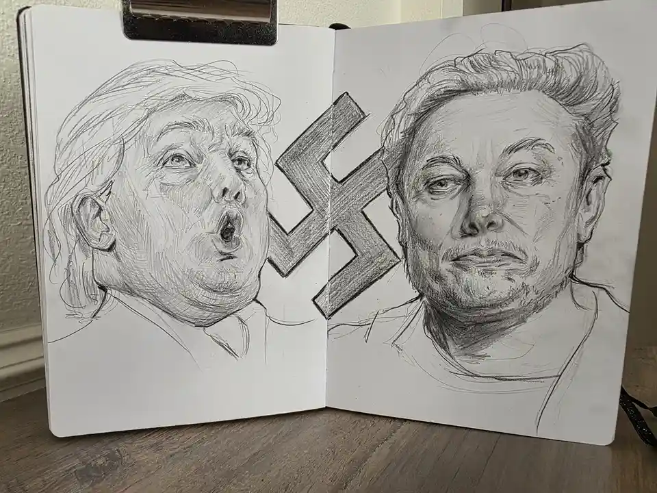 A sketchbook page shows two pencil drawings of Donald Trump and Elon Musk facing each other with a large swastika symbol…