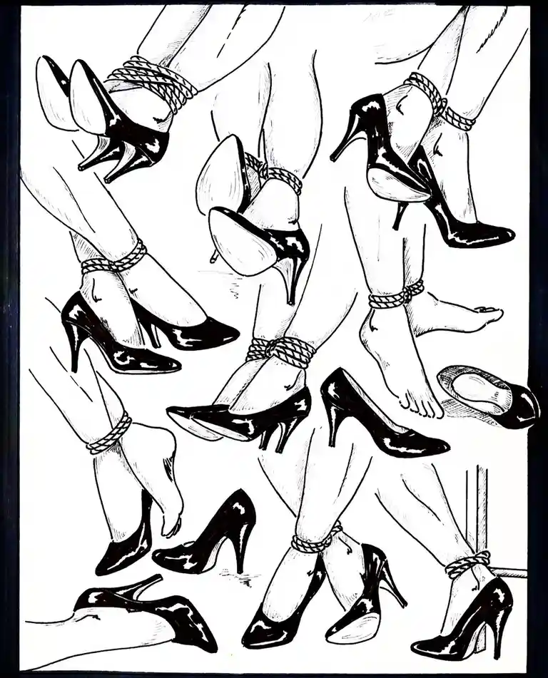A black-and-white illustration shows multiple pairs of female legs and feet, some wearing black high heels and others…