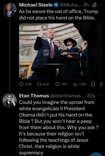 A screenshot of a Twitter thread shows a photo of Donald Trump raising his right hand while swearing the oath of office…