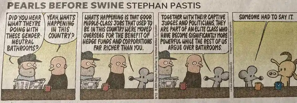 A comic strip from 'Pearls Before Swine' by Stephan Pastis shows two characters discussing gender-neutral bathrooms…