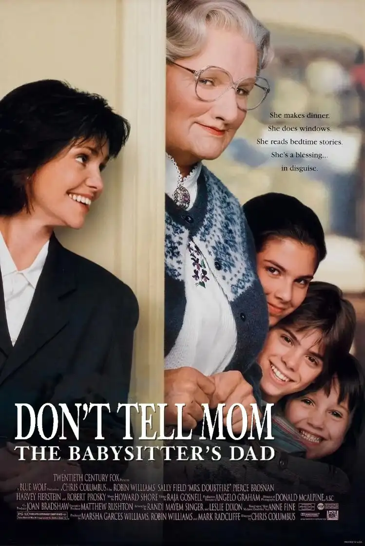 A movie poster for 'Don't Tell Mom the Babysitter's Dad' shows a woman in a suit smiling at an elderly woman in glasses and…