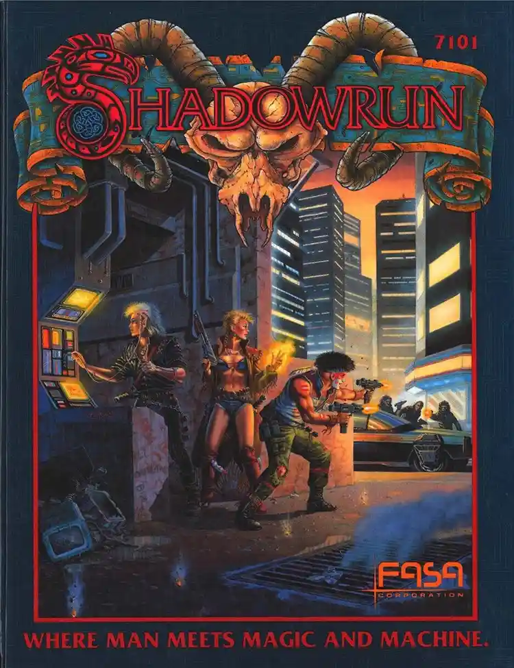 The image is the cover art for the 'Shadowrun' tabletop RPG, featuring three cyberpunk-style characters in a gritty urban…