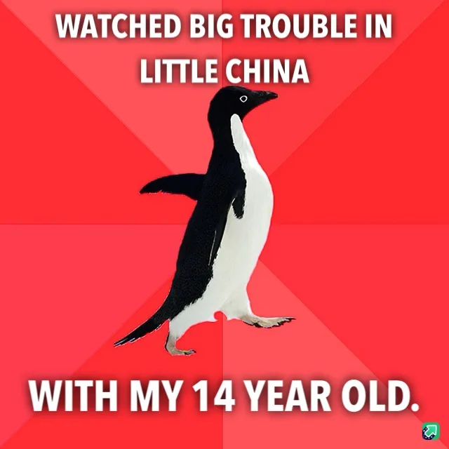 A black-and-white penguin stands against a red background with diagonal stripes. White text at the top reads 'WATCHED BIG…