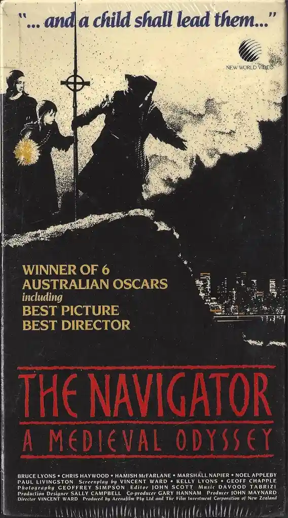 A VHS cover for the film 'The Navigator: A Medieval Odyssey' shows a dramatic black-and-white image of a child holding a…