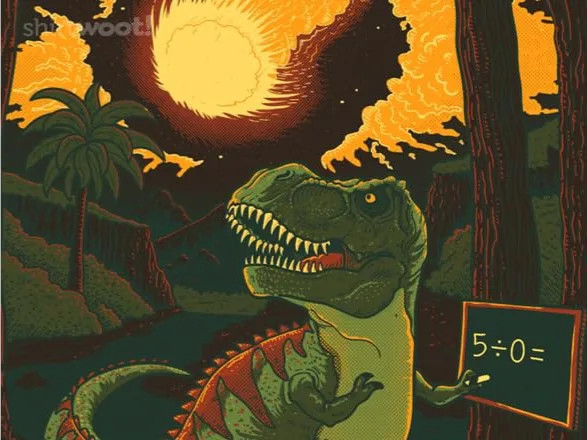 A green Tyrannosaurus Rex stands in a prehistoric jungle at sunset, holding a chalkboard that displays the mathematical…