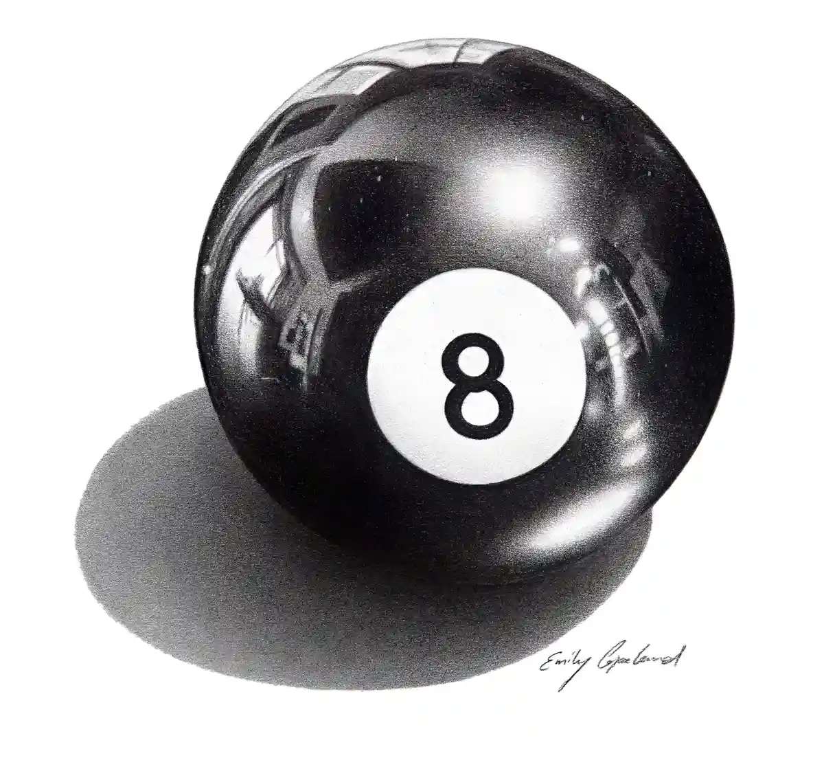 A highly detailed pencil drawing of a glossy black eight-ball with a white circle and the number 8, casting a soft shadow on…