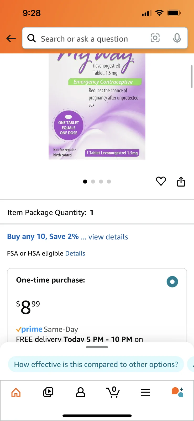 A screenshot of an Amazon product page for 'My Way' emergency contraceptive (levonorgestrel 1.5mg) priced at $8.99, with…