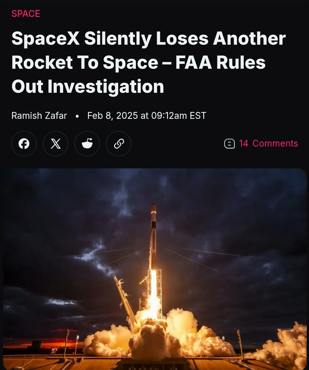 A news article screenshot shows a SpaceX rocket launching at night, with fiery exhaust and smoke billowing from its base…