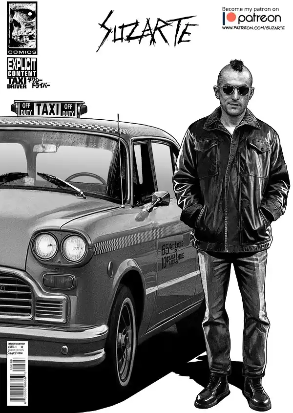 A black-and-white comic book cover featuring a man with a mohawk and sunglasses standing next to a vintage taxi marked 'OFF…