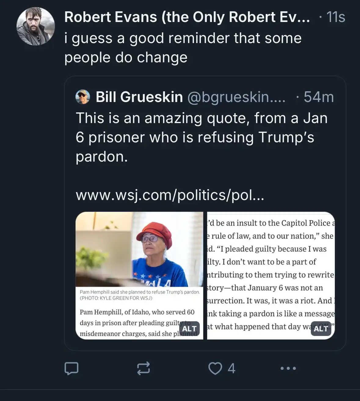 A screenshot of a Twitter thread where user Robert Evans comments 'i guess a good reminder that some people do change' below…