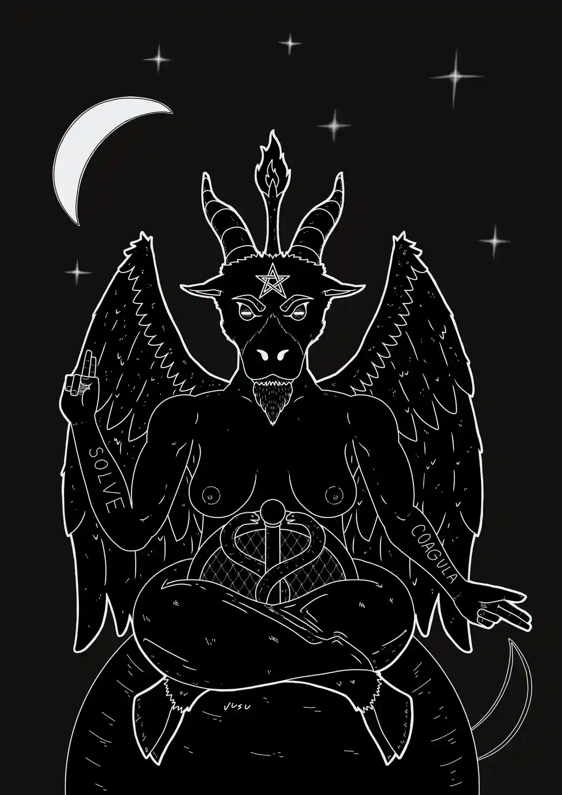 A black-and-white line drawing depicts a horned, winged goat-headed figure with a pentagram on its forehead, sitting under a…