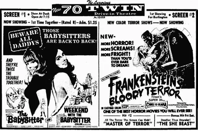 A vintage 1970s movie theater marquee advertisement for 'The Babysitter' and 'Weekend with the Babysitter' films, featuring…