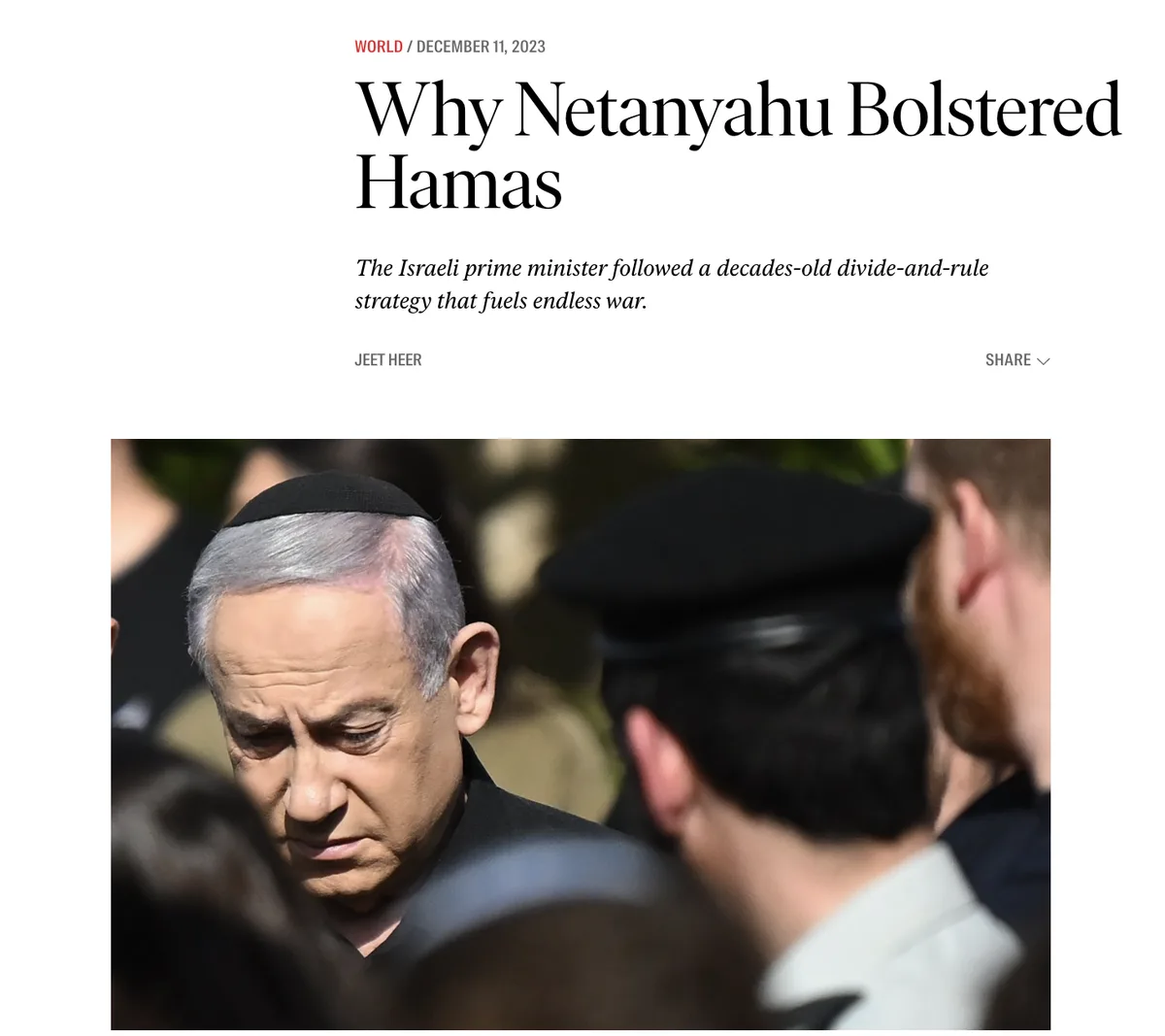 A screenshot of a news article header with the headline 'Why Netanyahu Bolstered Hamas' and subtext 'The Israeli prime…