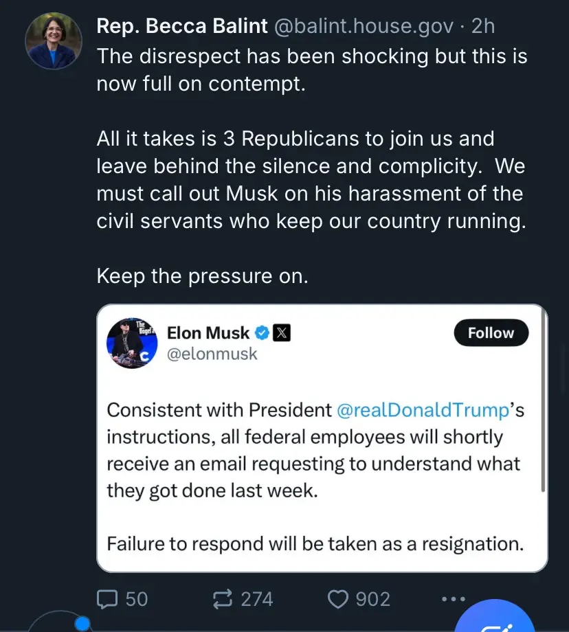 A screenshot of a tweet from Rep. Becca Balint criticizing Elon Musk's actions, overlaid with a screenshot of Musk's own…