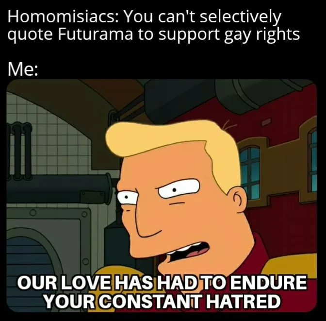 The image shows a close-up of the animated character Fry from Futurama, looking annoyed and slightly smug. The top text…