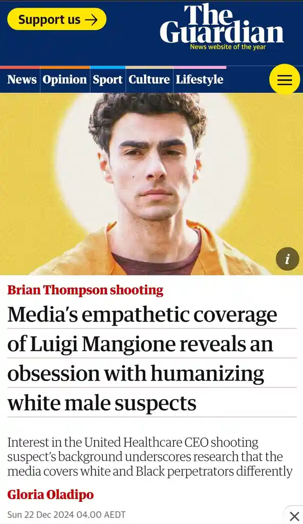 The image shows a screenshot of a The Guardian news article with a photo of Luigi Mangione, the suspect in the Brian…