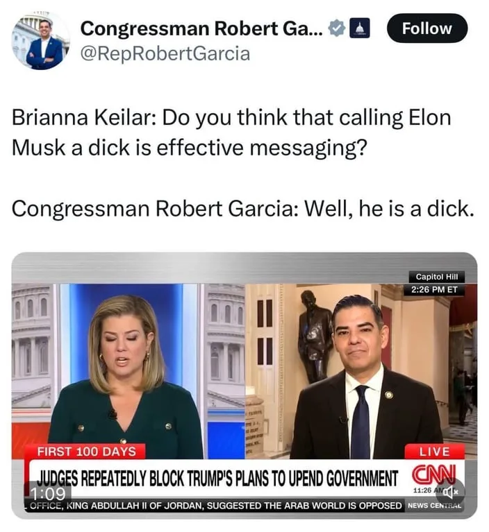 A screenshot of a CNN news segment shows Brianna Keilar interviewing Congressman Robert Garcia. The text overlay quotes…