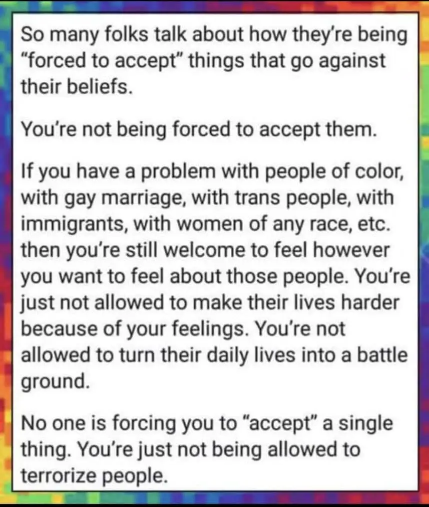 A white text box with black text on a rainbow-colored background. The text is a message addressing people who claim to be…