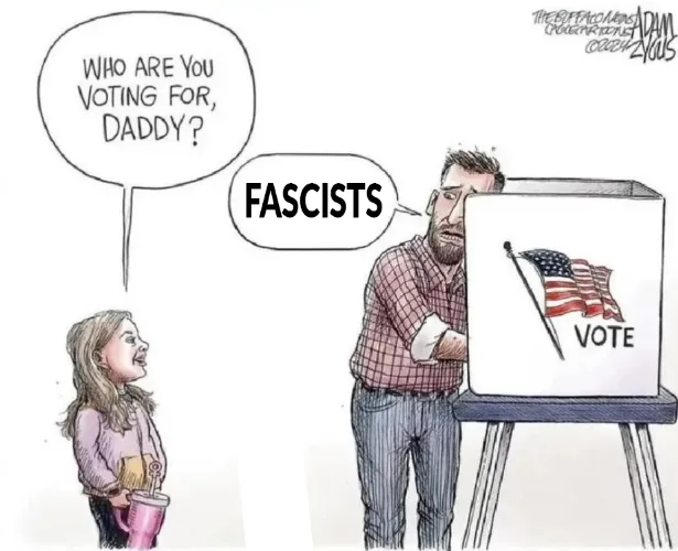 A cartoon depicts a young girl holding a pink cup and asking her father, who is voting at a booth marked 'VOTE' with an…