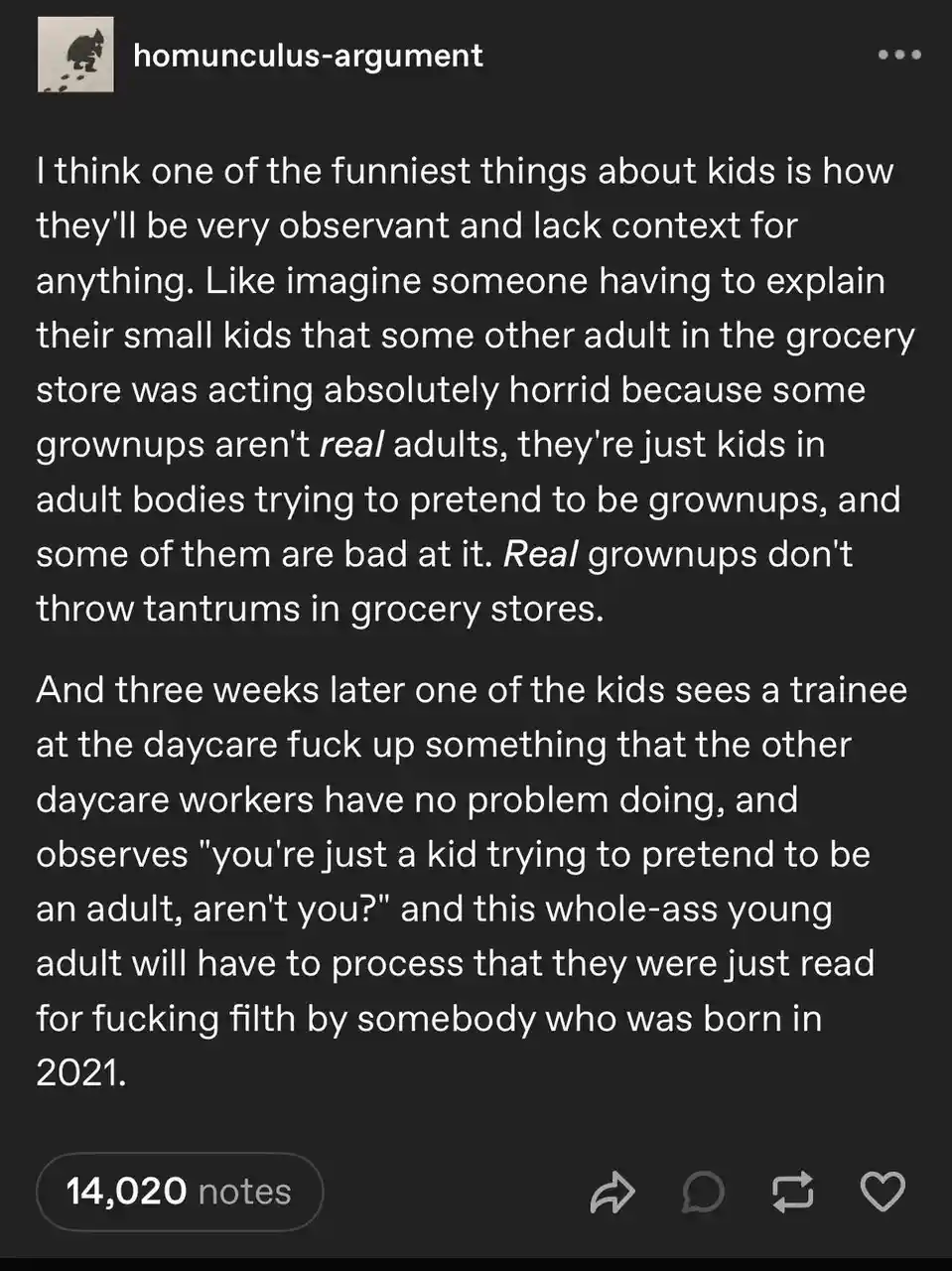 A screenshot of a Tumblr post with white text on a dark background, detailing a humorous anecdote about children's literal…