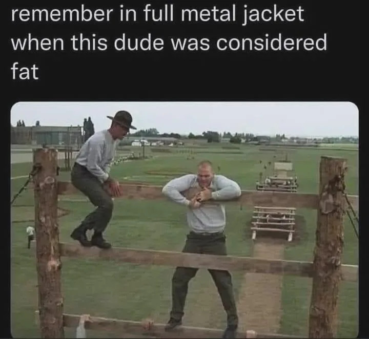 Two men in military-style clothing are on a wooden fence in a grassy field. One man is standing on the fence rail while the…