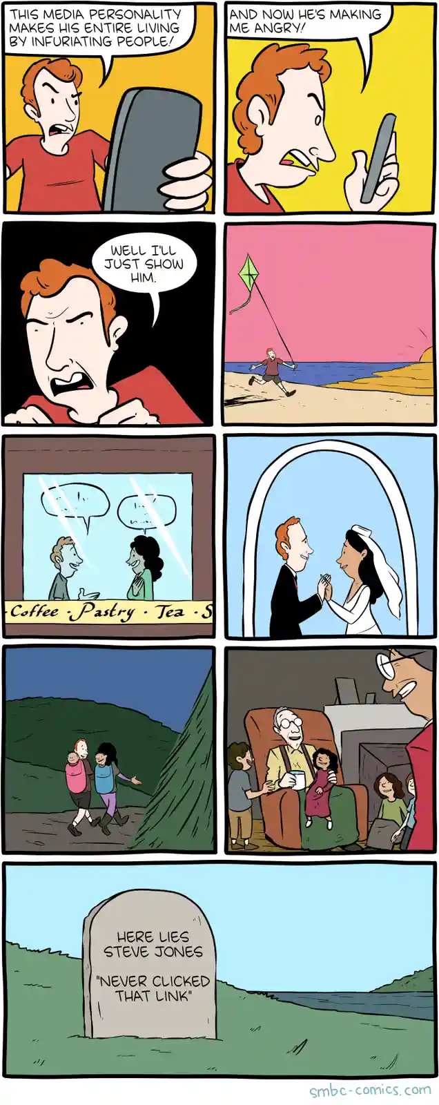 A comic strip shows a man enraged by a media personality, deciding to prove his point by living a perfect life—kite flying…