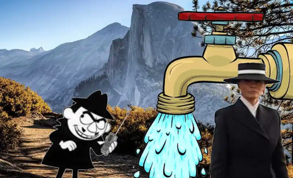 A cartoon detective with a walkie-talkie stands beside a cartoon water faucet spraying water, while a woman in a black suit…